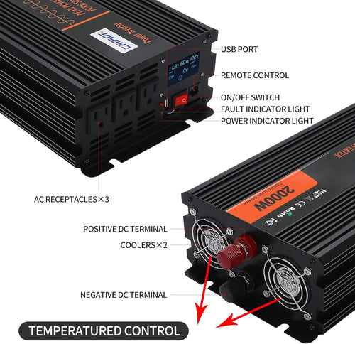 2000W Pure Sine Wave Power Inverter DC 12V to AC 120V with LCD Display Remote Control USB Port V4725