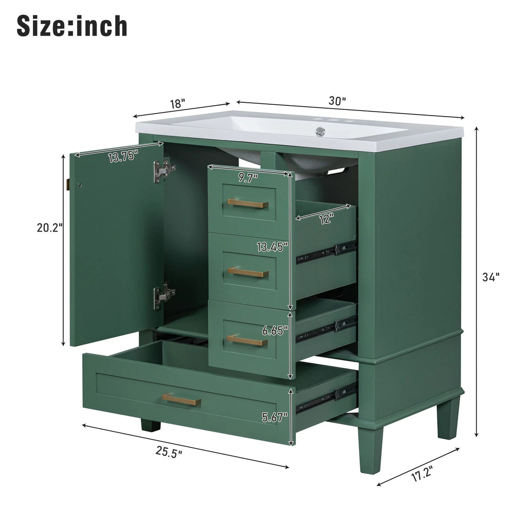 30" Green Solid Wood Bathroom Vanity with Top Basin and 3 Drawers D3415