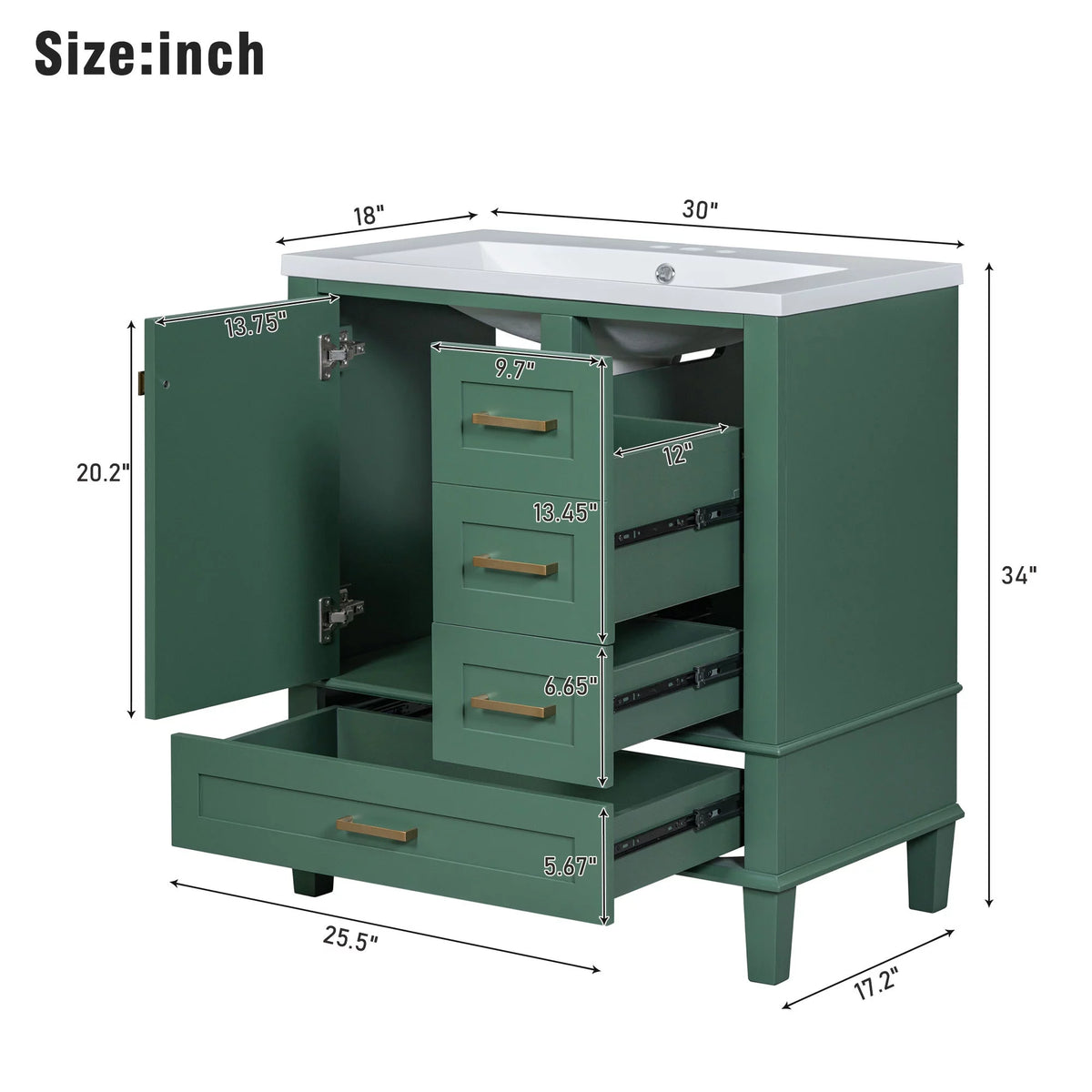 30" Green Solid Wood Bathroom Vanity with Top Basin and 3 Drawers D3415