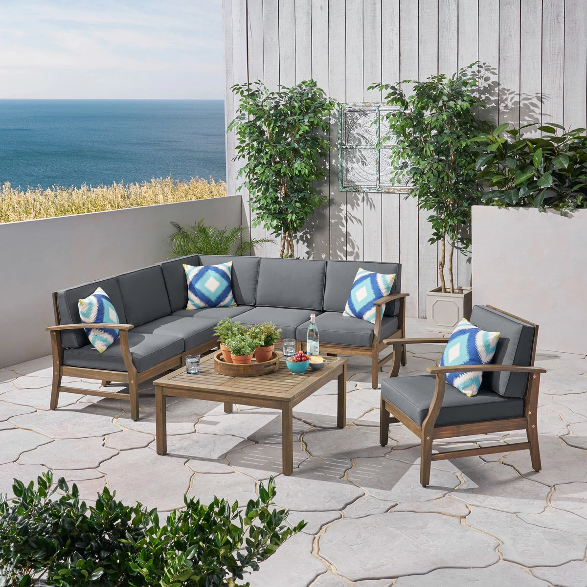 7 Piece Teak Finished Acacia Wood Sofa Set K39576