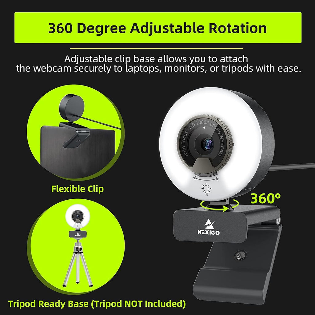 1080P 60FPS Webcam with Light, Fast AutoFocus, Built-in Privacy Cover, Dual Stereo Microphone, Pack of 2 R26146