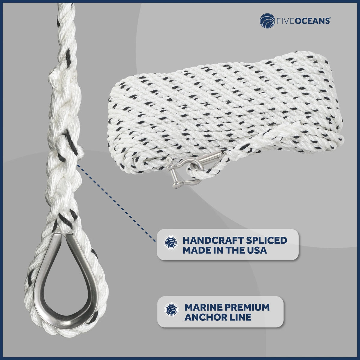 3/8 inch x 75 ft 3-Strand White Nylon Anchor Rope with Stainless Steel Thimble and Schakle Y14597