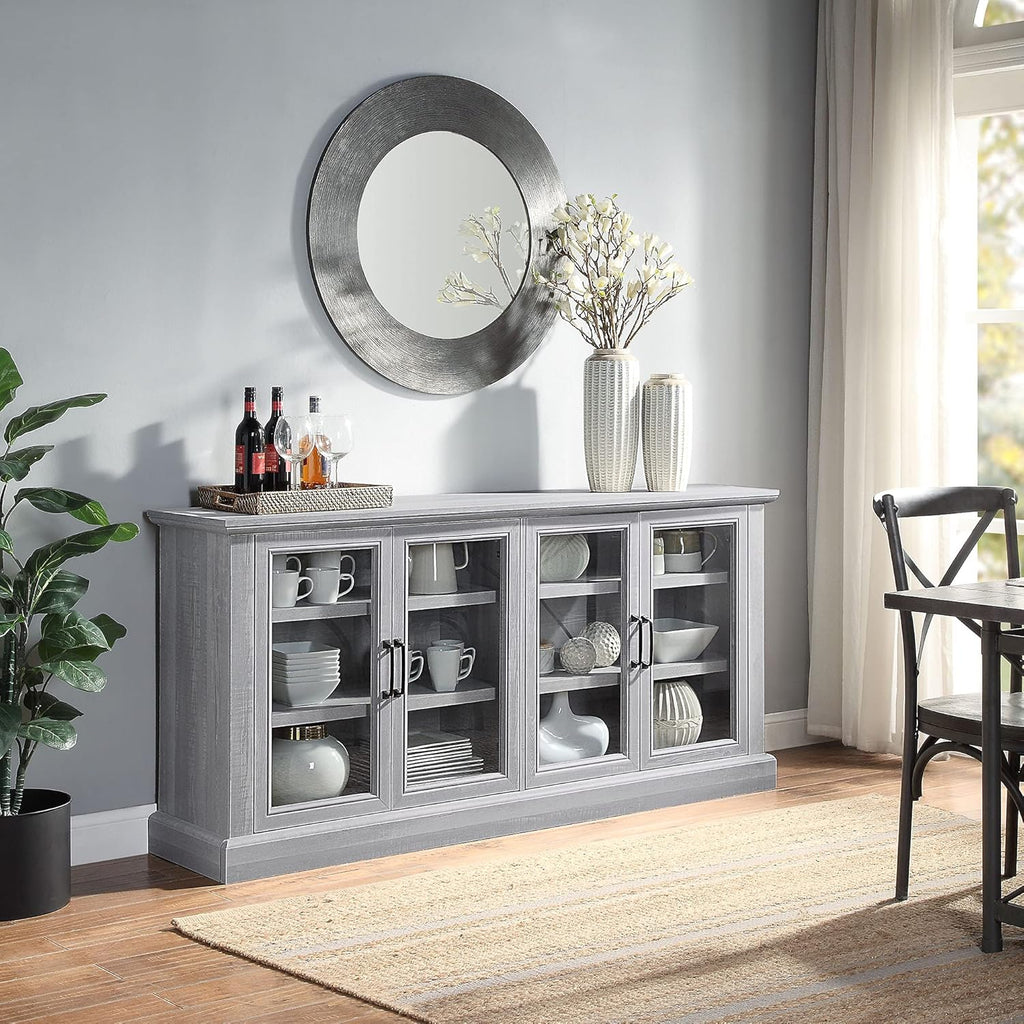 Rustic Grey Wood Sideboard Buffet with Storage Cabinet, Glass Doors, and Adjustable Shelves J691