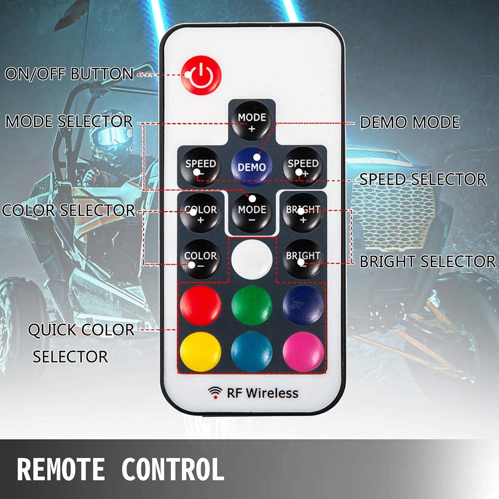 1PC 3FT 360° Spiral LED Whip Lights RGB Color Weatherproof RF Wireless Remote Pack of 2 W88319