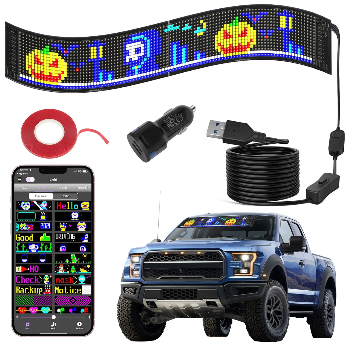 LED Car Sign Scrolling Flexible RGB Bluetooth Programmable 23''x5'' K861