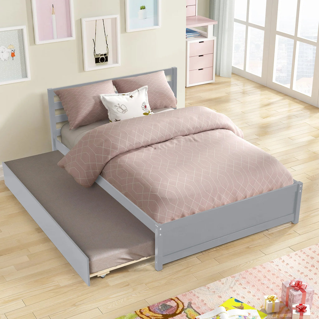 Solid Wood Full Size Platform Bed with Trundle and Headboard Q27929