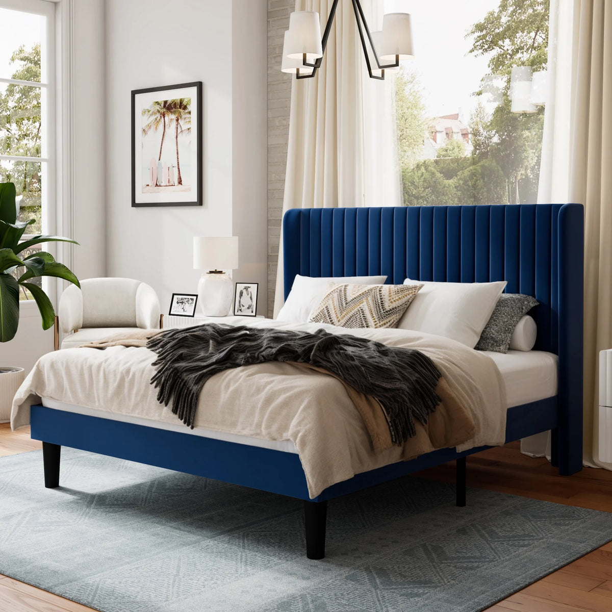 Queen Size Velvet Upholstered Platform Bed Frame D6865